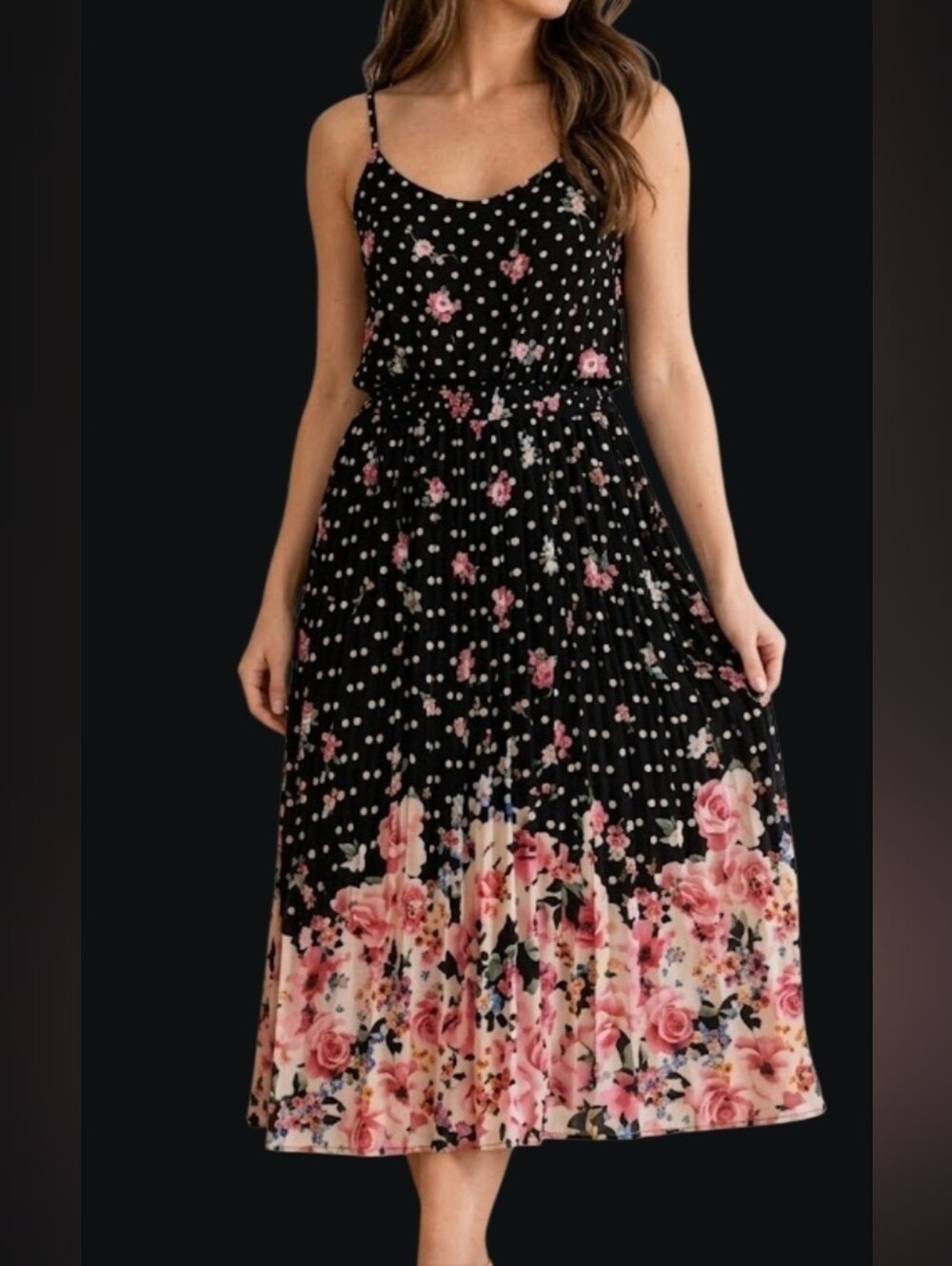 ELLE Black, Pink & White Floral Polka Dot Pleated Spaghetti Strap Midi Dress MED